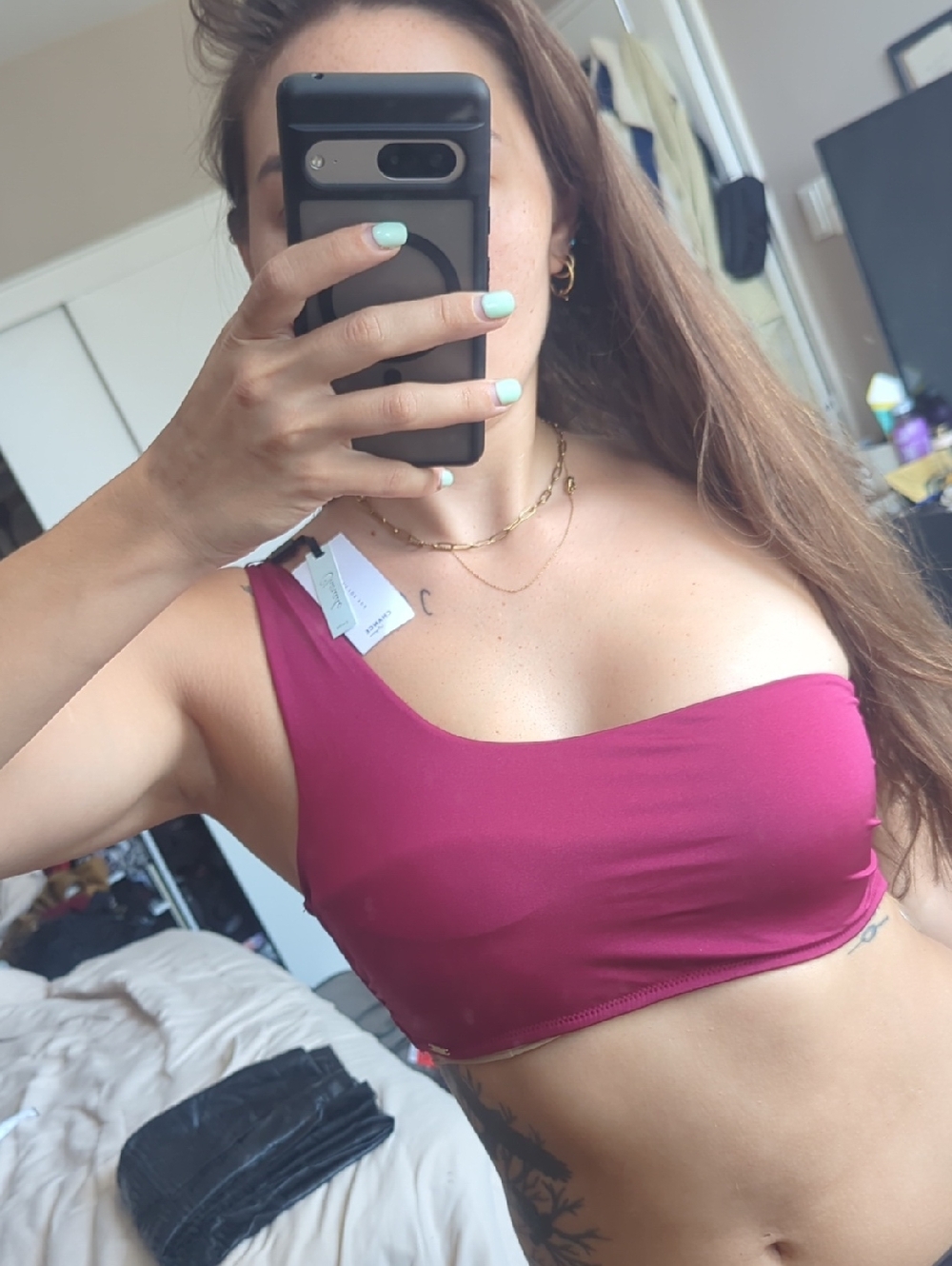 Asymmetric One-Shoulder Swim Bikini Top in Magenta